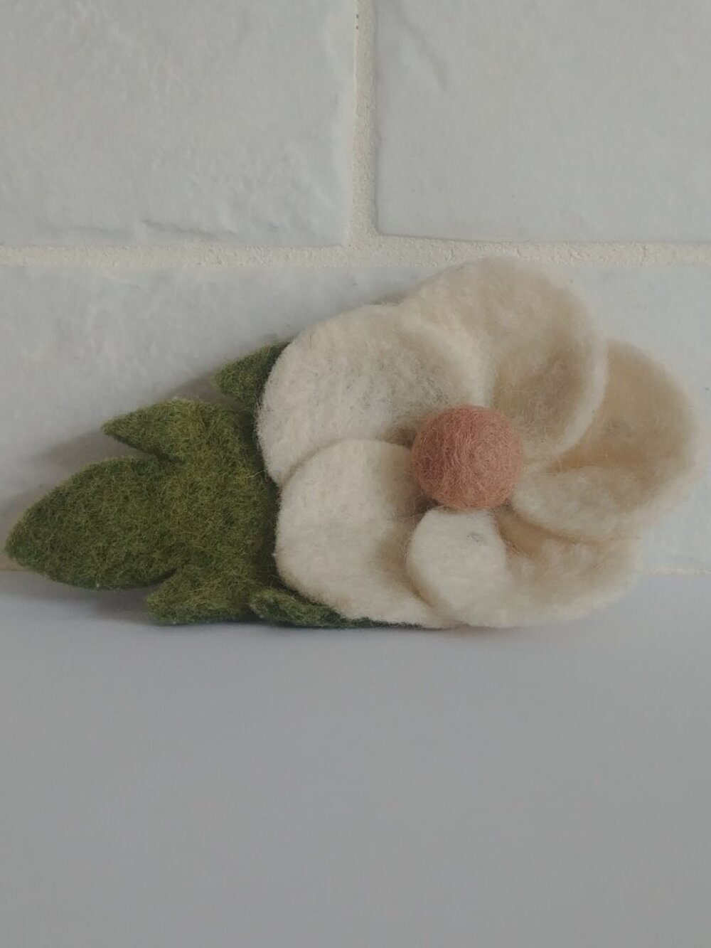 Handmade felt brooch pin cream flower with green leaf